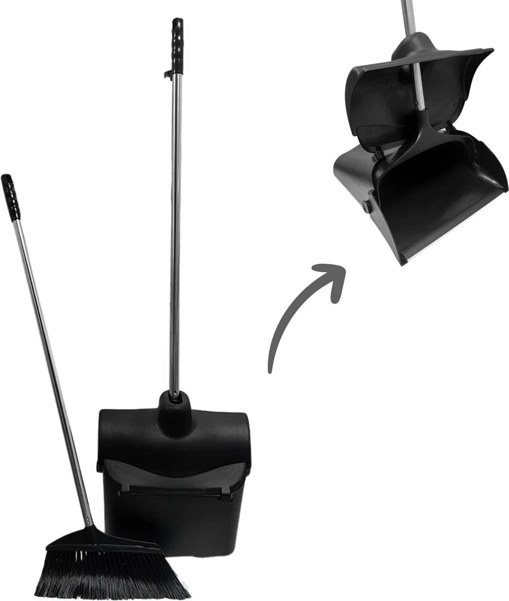 Dastium Home - Stoffer en Blik met Lange Steel - Ergonomische Veger met Blik - Hotelstofblik met Deksel en Wieltjes - Voor Binnen en Buiten - Zwart