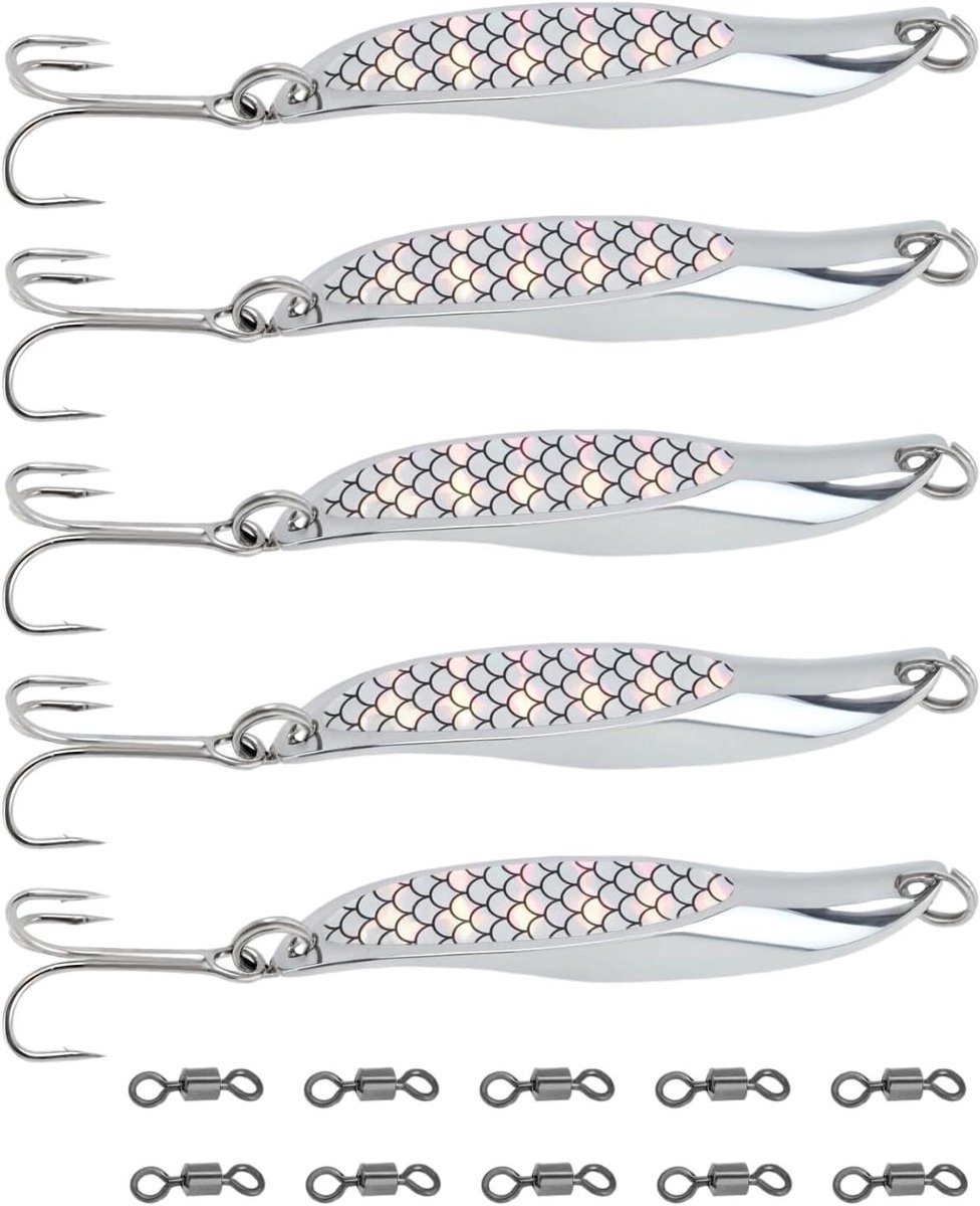 Allecto Plus - 5 stuks Zilver Metalen Zee Vis Kunstaas 65mm Wig Slices met Dreggen en 10 Wartels voor Baars Makreel Forel Blauwvis Zalm - 21g