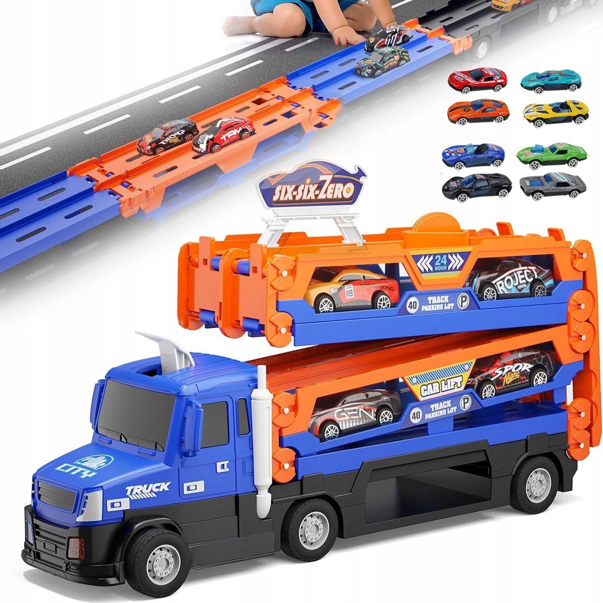 vrachtwagen speelgoed - met 8 gegoten metalen speelgoedvoertuigen - 55" spoor - interactieve lichten en geluiden - ideaal cadeau voor kinderen