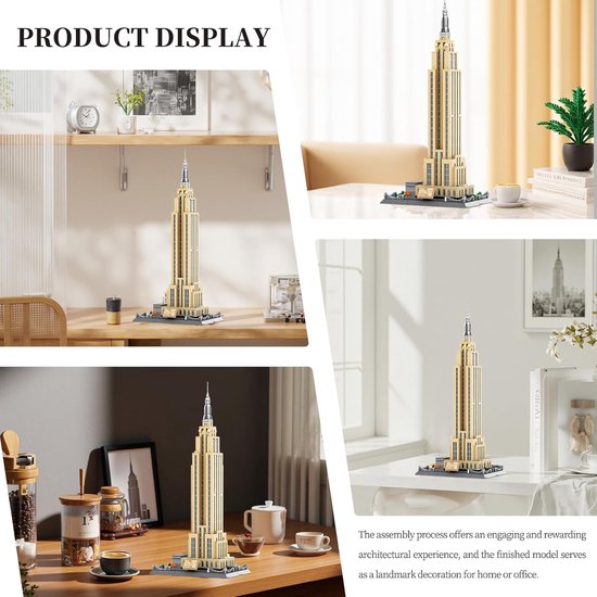Model van het Empire State Building, goudkleurig, op een bureau en tafel.