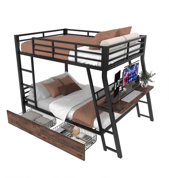 Lit mezzanine avec éclairage LED- 140 x 200 cm - tiroir - garde-corps - escalier - bureau - sans matelas - noir