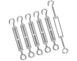 Allecto Plus - Draaibare kabelspanner M6 OC 304 roestvrij staal - Verstelbare draaihaak-oogset - 6-delig - Spanhaak voor luifel touw - Waslijn spannen - Zilver - Heavy duty