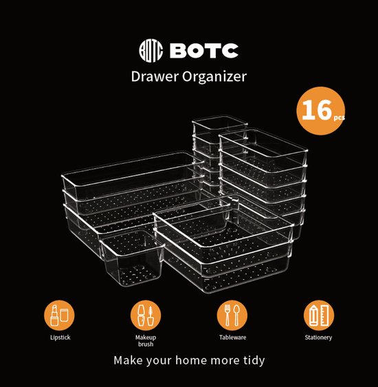 Een collectie van 16 transparante BOTC lade organizers in verschillende maten op een zwarte achtergrond.