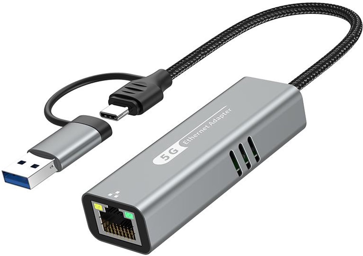 USB-C + USB 3.0 naar Ethernet (RJ45) 5Gbps zeer snelle Ethernet Adapter – Supersnelle Bedrade Netwerkadapter voor Laptop, MacBook en PC - grijs