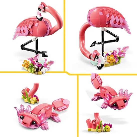 Een LEGO flamingo met een boogvormige nek en een roze axolotl, omringd door planten.