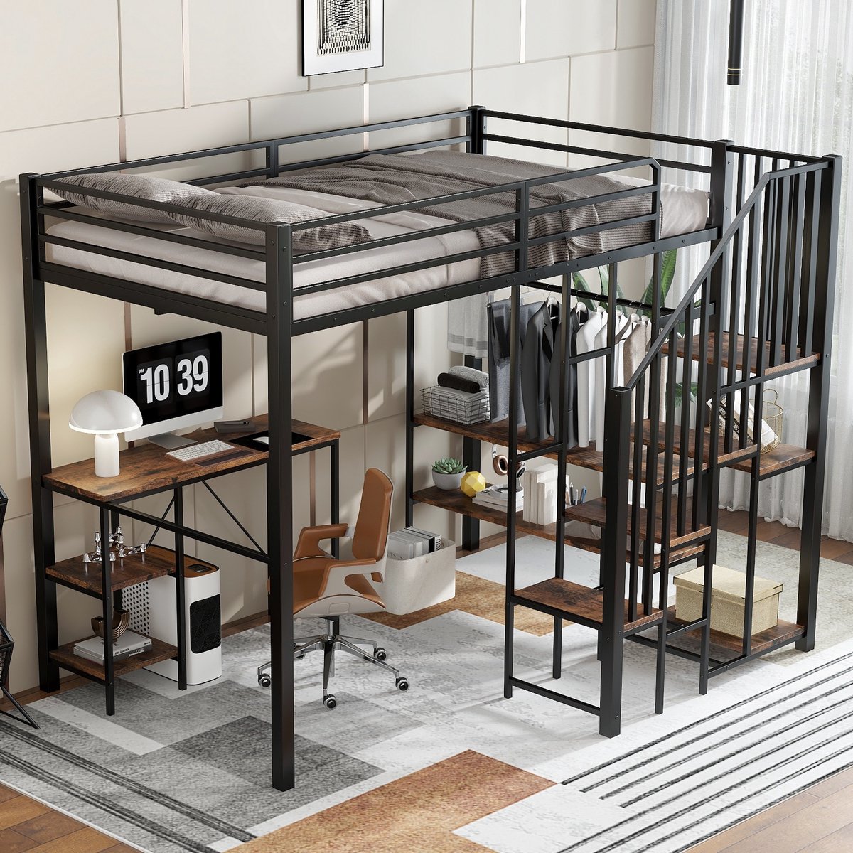 Sweiko Hoogslaper - 120x200 cm - Opbergrek - Bureau - Open kledingkast - IJzer + MDF - Zwart + Bruin