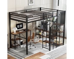 Sweiko Hoogslaper - 120x200 cm - Opbergrek - Bureau - Open kledingkast - IJzer + MDF - Zwart + Bruin