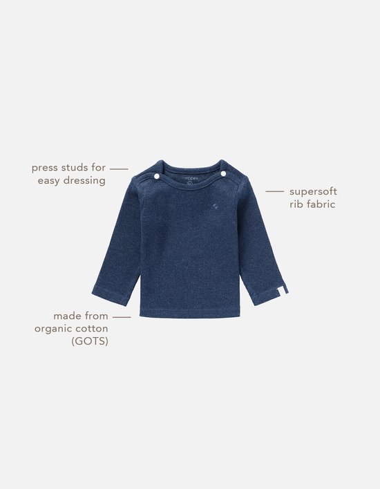 Donkerblauw geribd longsleeve shirt met drukknoopjes voor makkelijk aankleden, van zachte biologische katoen.