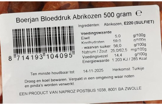 Zak gedroogde Boerjan abrikozen 500 gram met voedingswaarde en herkomst Turkije.