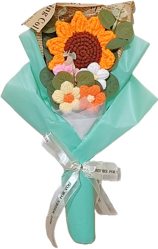 Gehaakt boeket - handgemaakt boeket met één zonnebloem en vier madeliefjes - Valentijnsdag, jubileum, bruiloft, Moederdag, verjaardagscadeau, enz.