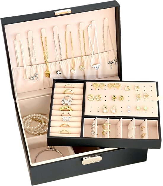 Sieradendoos met slot zwart- Juwelendoos COMPACT Edition Galeara design® - dames - Sieradendoosje - Sieradenopbergdoos