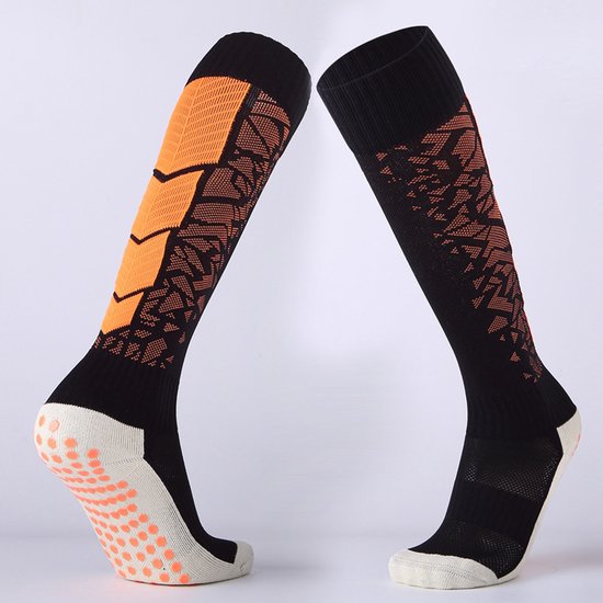 2 paar - hoge antislip voetbalsokken met lange gestippelde sportsokken/zweetabsorberende, ademende, verdikte handdoekensokken voor volwassenen/antislip, slijtvaste overknee voetbalsokken/één maat Oranje en Zwart