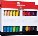 Doos met 24 tubes Amsterdam acrylverf in de kleuren wit, geel, oranje, rood, roze, paars, blauw, groen, bruin en zwart.