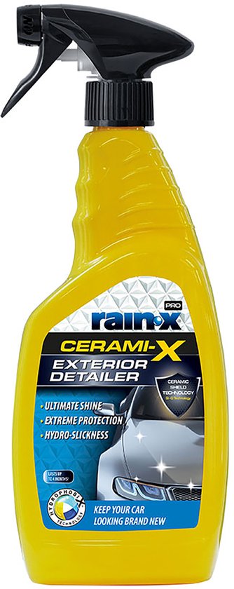 Gele Rain-X 'Cerami-X Exterior Detailer' sprayfles, op een witte achtergrond.