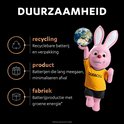 Le lapin rose Duracell avec le globe terrestre illustre le recyclage, la durabilité des produits et la production d'usine à l'énergie verte.