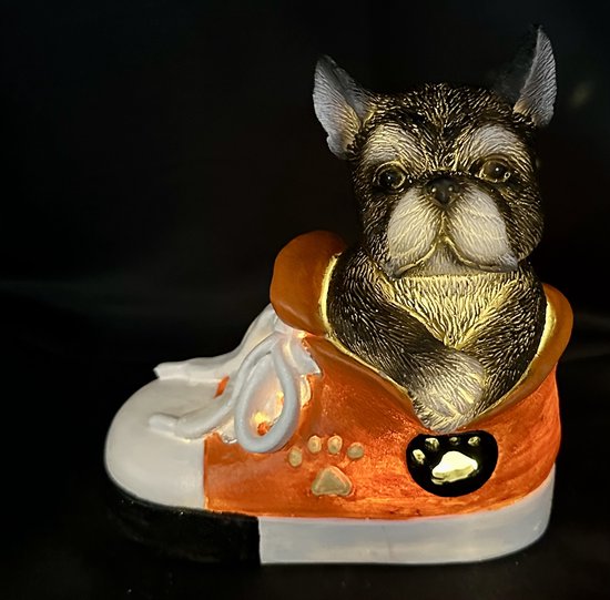 Animal en polyrésine (jardin) dans une chaussure avec LED - Chien - Chaussure Zwart et orange - 1 LED - Hauteur 15 x 15 x 14 cm - Accessoires de maison et le jardin - Décoration de jardin