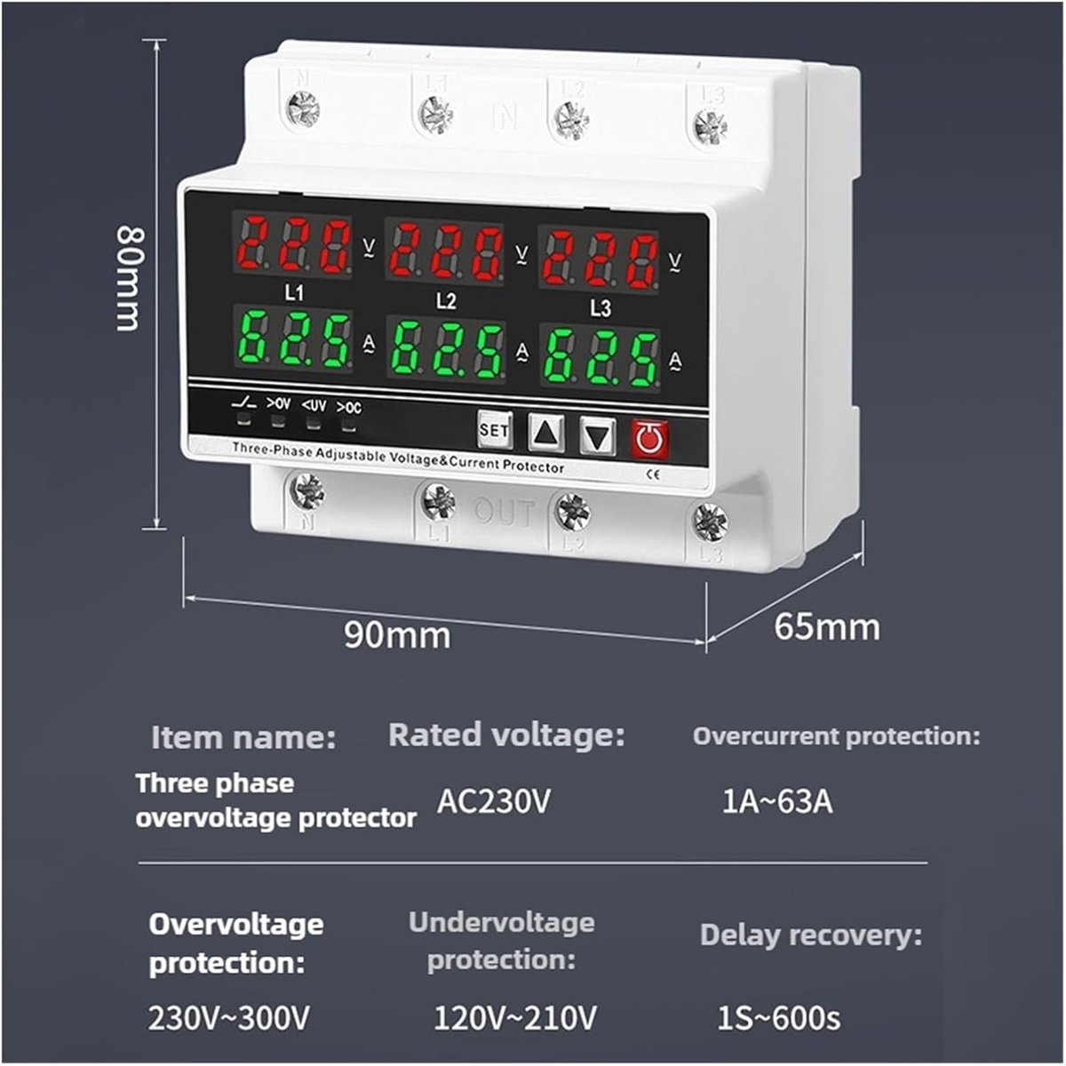 Spanningsbeveiliging, Instelbare Spanningsbeveiliging, 3-Fasen LCD Multifunctionele Zelfherstellende STVP ‑ 932 230V/400VAC, Met Volledige Functies, Stabiele Prestaties En Eenvoudige Bediening(63A