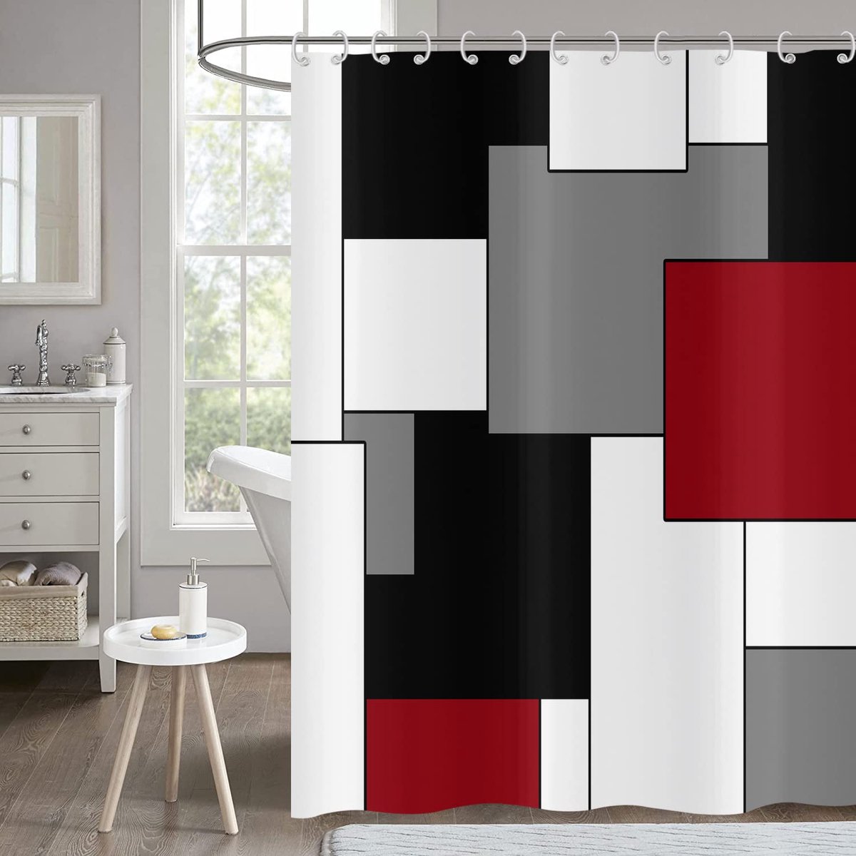 Ibenzoa® Modern Geometrisch Douchegordijn in Rood, Grijs, Zwart en Wit - Waterdicht en Wasbaar met Haken