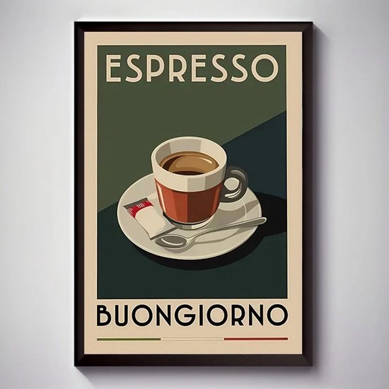 Affiche vintage avec ESPRESSO et BUONGIORNO. Une tasse d'espresso avec un sachet de sucre et une cuillère sur une soucoupe.
