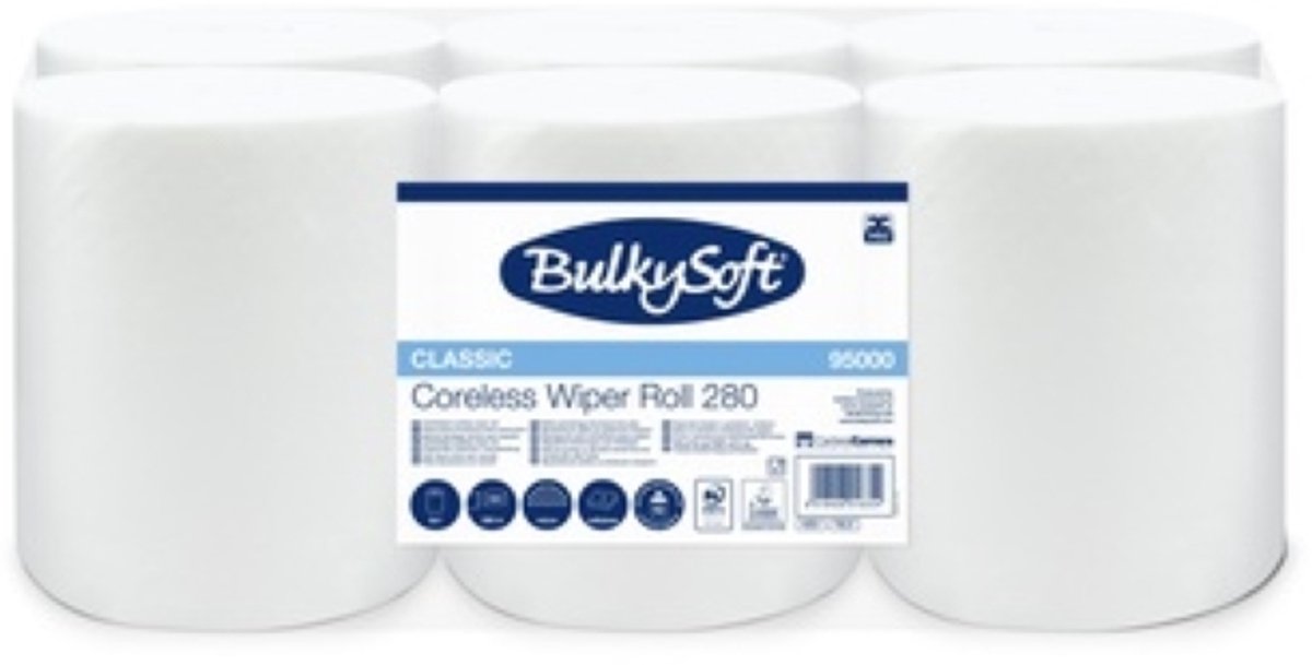 BulkySoft Poetsrol midi cellulose coreless 1-laags, 19 cm, 6 x 280 meter in folie