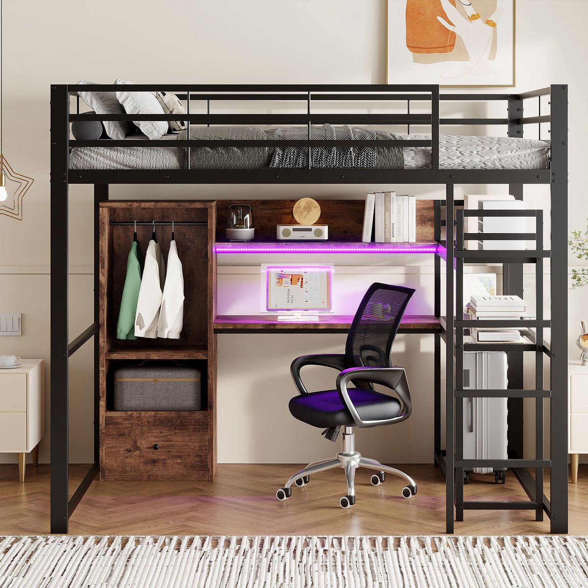 Merax Hoogslaper - 140 x 200 cm - metalen bed met LED-verlichting - bureau - 1 lade - plank - leuning - trap - zonder matras - zwart