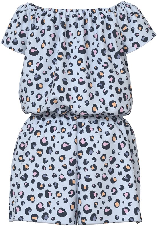 Lichtblauw playsuit met luipaardprint in grijs, roze, oranje en zwart. Off-shoulder met ruches en ceintuur.