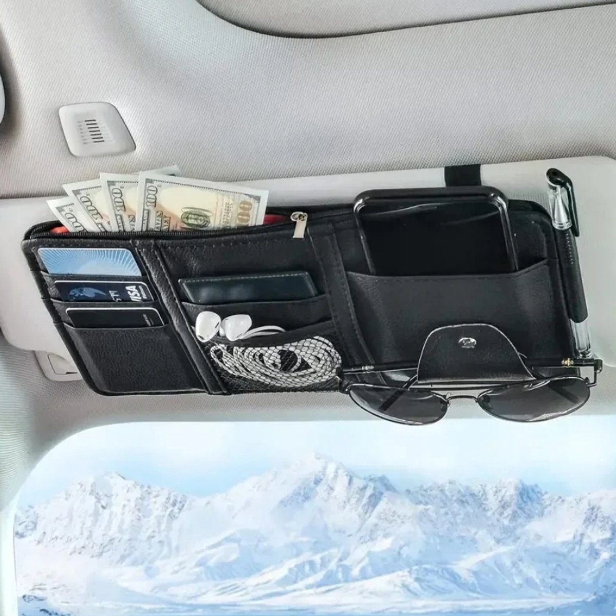 Image of Actie4you® - Auto Zonneklep Organizer - Lederen Organizer - Kaarthouder - Bril - Documenten – Met ritssluiting - Organizer voor Auto – Zwart