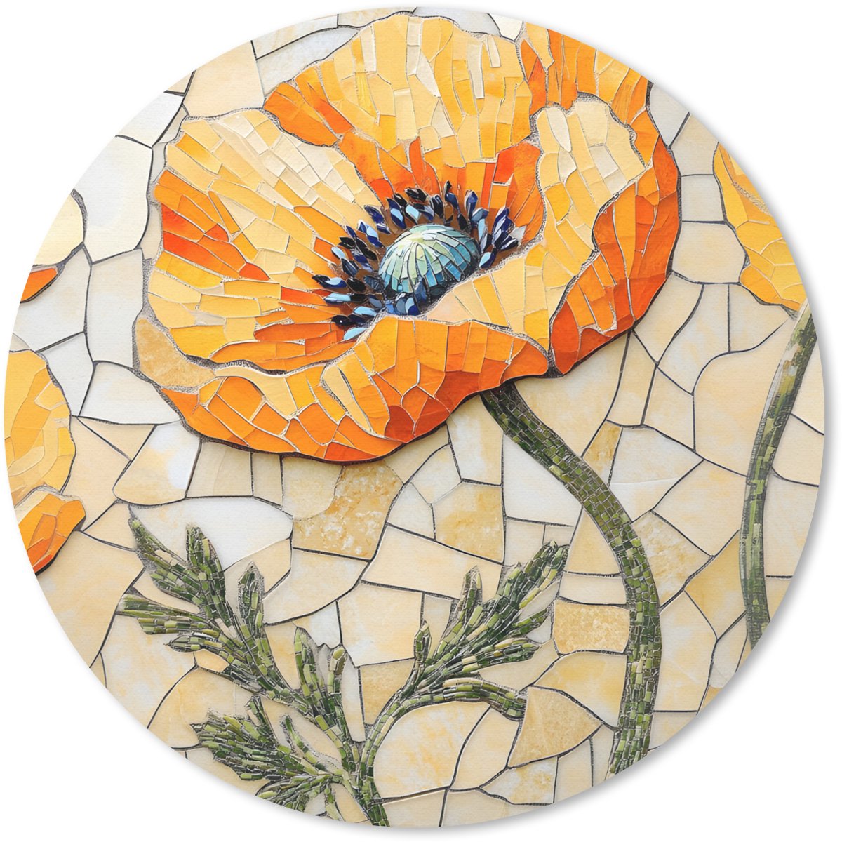 Muismat rond 30x30 cm - Mousepad Klaprozen - Oranje - Mozaïek - Bladeren - Ronde muismatten