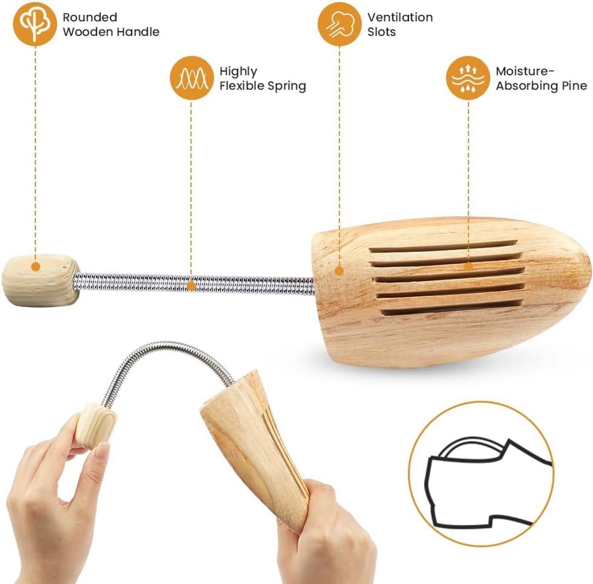 Ianulus Schoenspanner van hout, extra sterk, schoenspanner met stalen veer, schoenknikbescherming van natuurlijk hout, voor alle schoenen, knikbescherming, schoenspanner ademend, Originele houtkleur