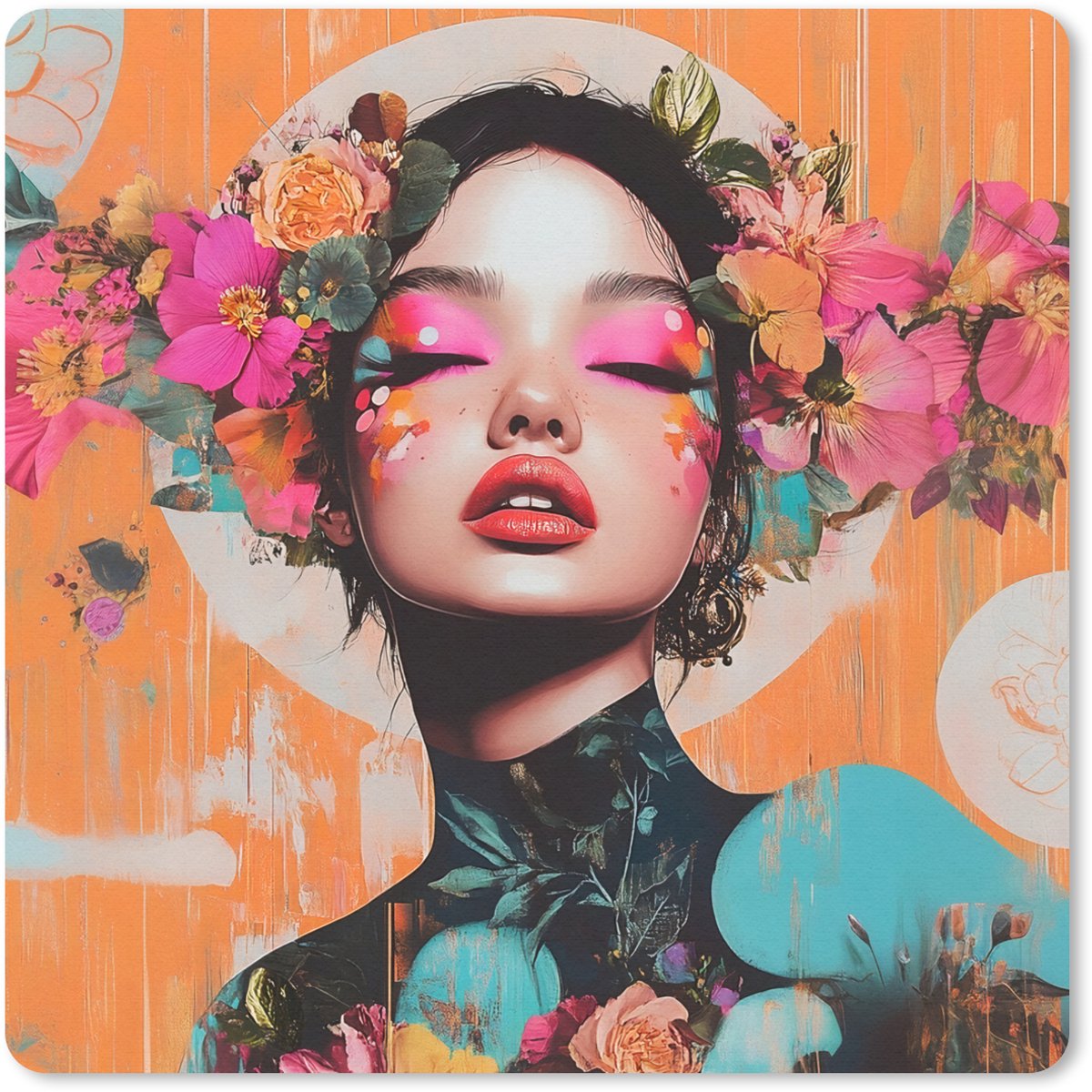 Muismat 30x30 cm - Mousepad Portret - Vrouw - Abstract - Bloemen - Muismatten