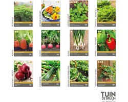Zadenpakket - 12 kruiden- en groentezaden - essentiële soorten voor de moestuin - tomaat, sla, radijs, wortel, munt en meer