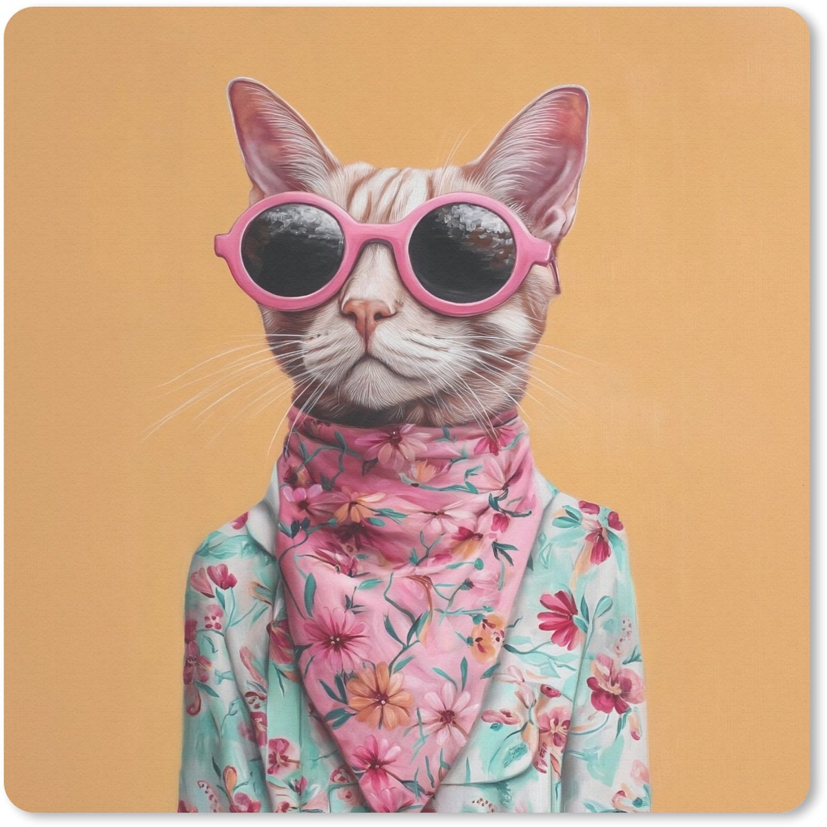 Muismat 20x20 cm - Mousepad Zonnebril - Kat - Sjaal - Bloemen - Muismatten