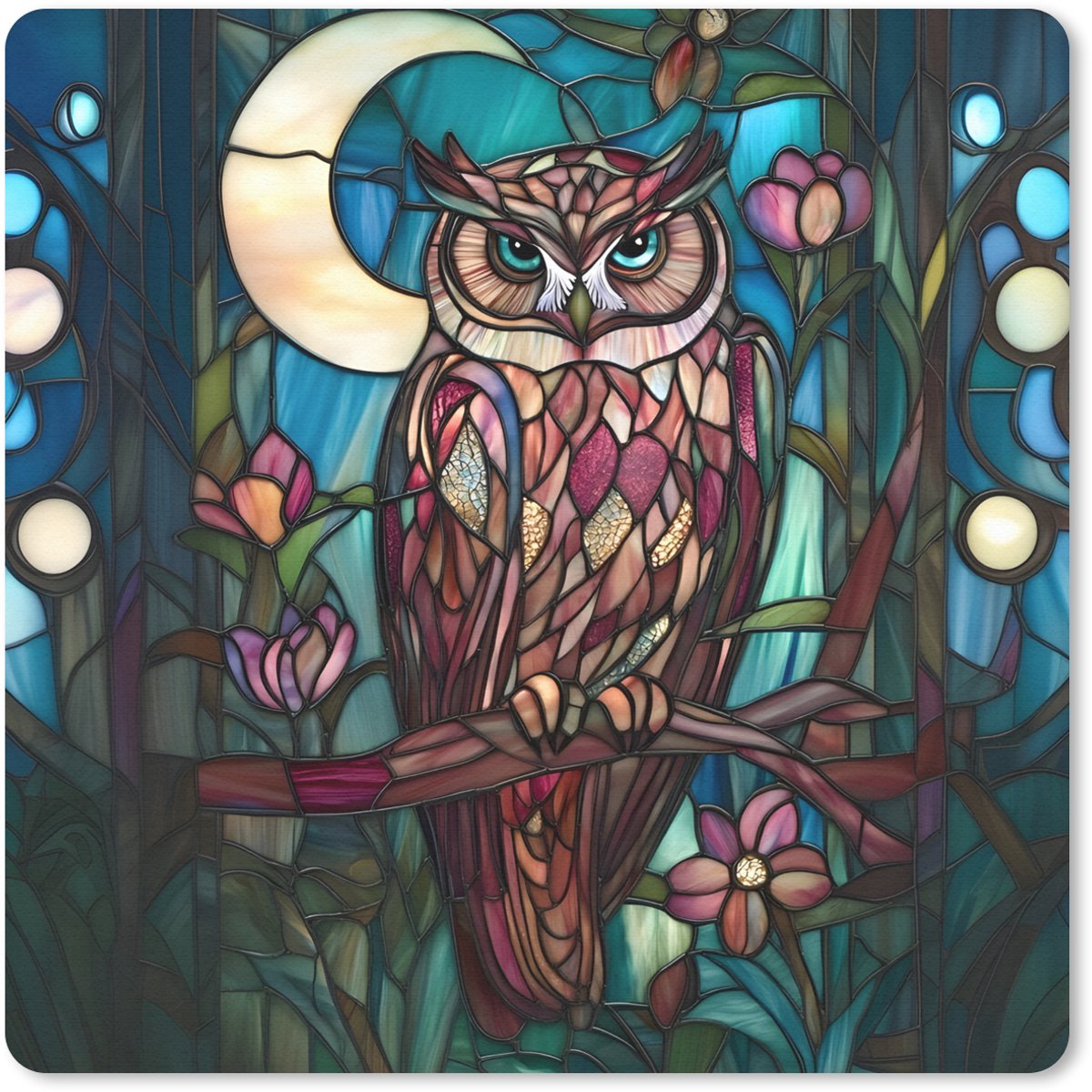 Muismat 20x20 cm - Mousepad Uil - Mozaïek - Maan - Nacht - Muismatten