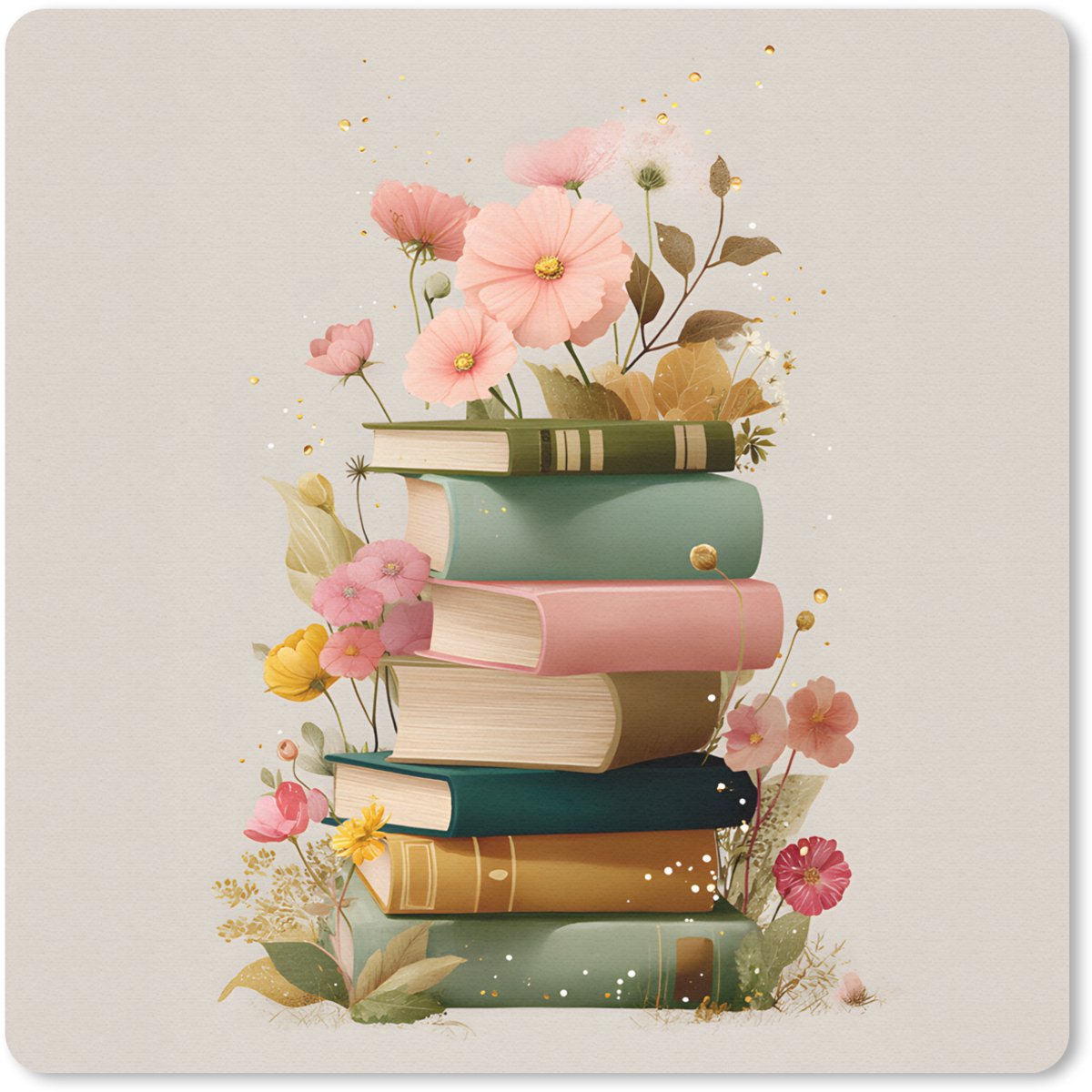 Muismat 30x30 cm - Mousepad Boeken - Stapel - Bloemen - Kleurrijk - Muismatten