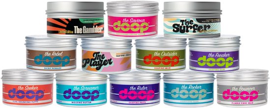 Twaalf potjes doop haarstylingproducten op een witte achtergrond, inclusief 'The Surfer'.