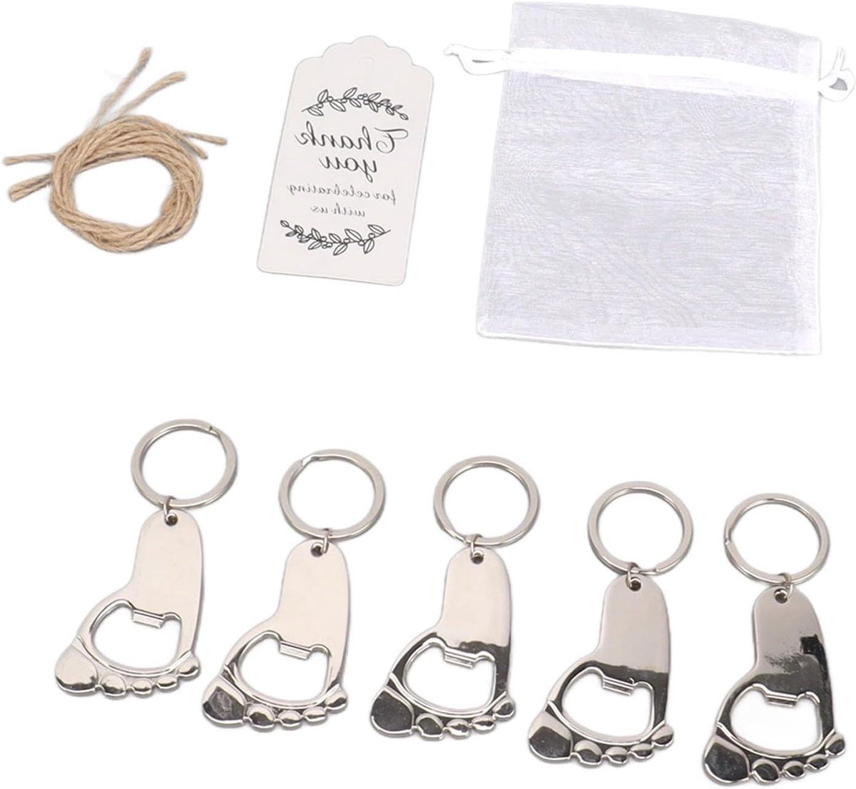 Allecto Plus - Baby Voetafdruk Sleutelhanger Souvenirs - 24 Sets - Baby Shower Gunsten en Decoratie - Organza Zakjes - Bedankkaarten - Touw - Gasten - Trouwfeest Banketten