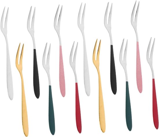 Douze petites fourchettes cocktail en acier inoxydable avec des manches colorés : or, noir, rose, vert, rouge et argent.