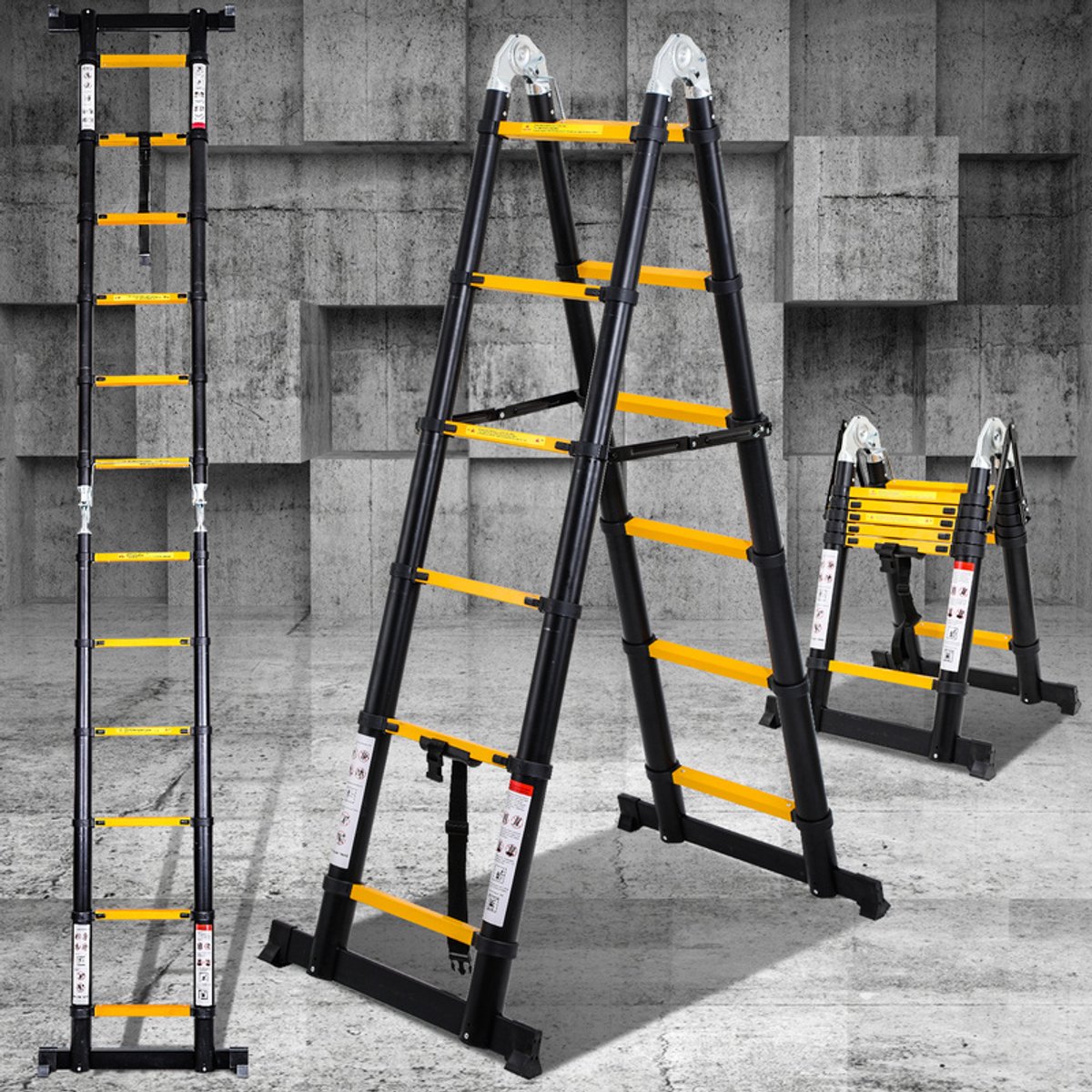 Telescopische Vouwladder 1,9m+1,9m- Telescopische Ladders Geel zwart Multifunctionele ladder – foto 2