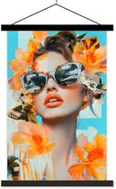 Posterhanger incl. Poster 40x60 cm - Schoolplaat - Bloemen - Vrouw - Zonnebril - Blauw - Textielposter - Zwarte latten
