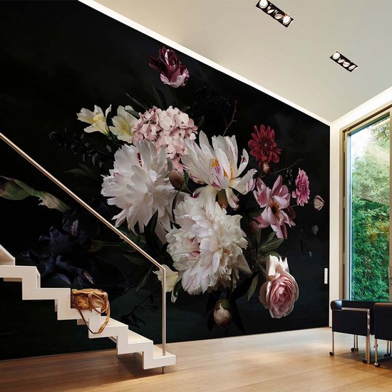 Foto: Fotobehang bloemen zwart geel fotobehang met rozen in roze zwart 3d bloemenbehang 3 5 x 2 55 m bricoflor nl