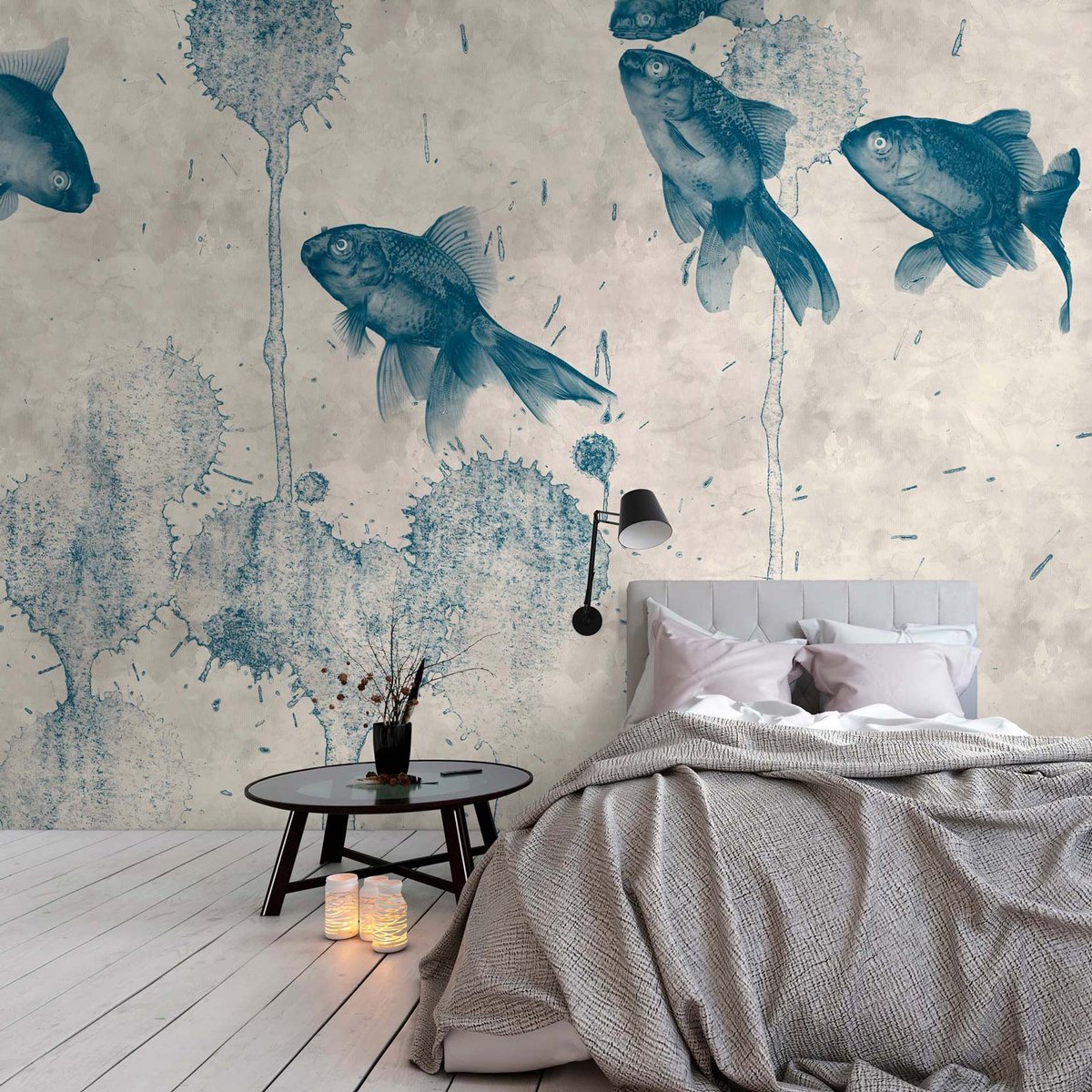 Grijs blauw behang met vissen DD110821, BRICOLFOR.nl