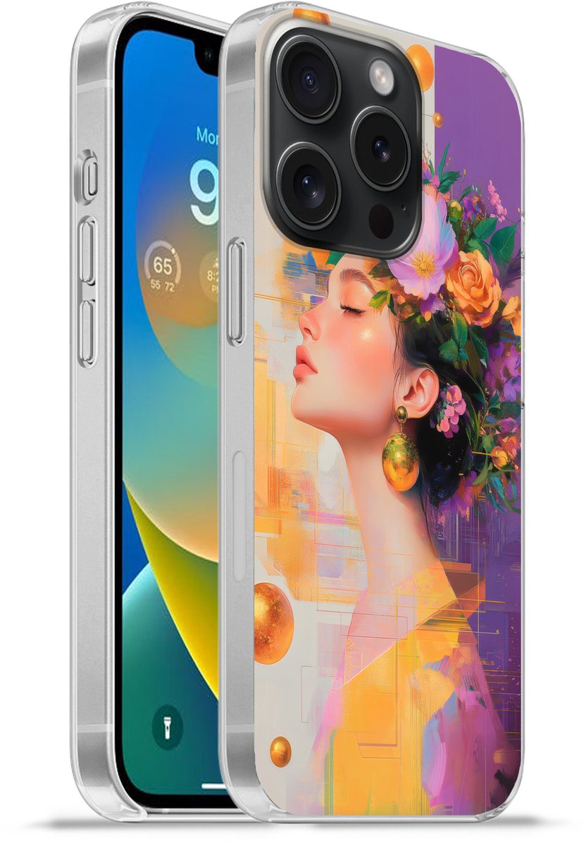 Telefoonhoesje Geschikt voor iPhone 15 Pro hoesje - Abstract - Vrouw - Bloemenkroon - Goud - Siliconen Telefoonhoesje Telefoonhoesje