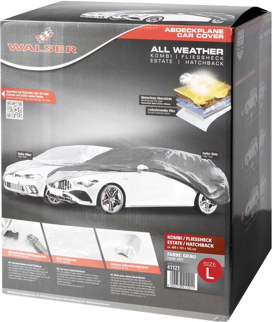 Verpakking van Walser 'All Weather' autohoes voor Kombi/Fließheck in maat L, kleur grijs.