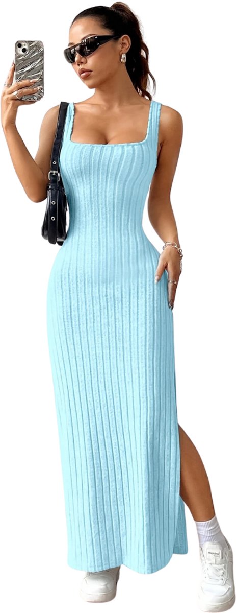 Livano Open Rug Jurk Backless Body Jurk Shirt Hemelsblauw