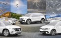 Witte auto's met Walser hoezen, omringd door diverse weersomstandigheden: herfst, zon, onweer en sneeuw.
