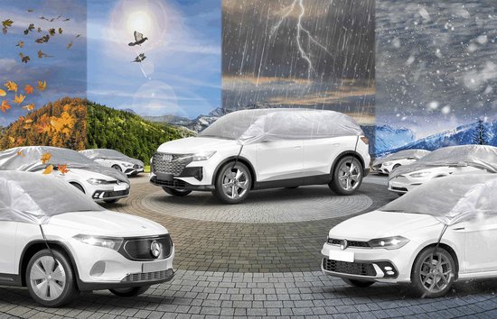 Witte auto's met Walser hoezen, omringd door diverse weersomstandigheden: herfst, zon, onweer en sneeuw.