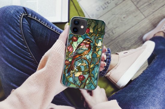 Telefoonhoesje Geschikt voor iPhone 12 mini hoesje - Vogel - Tak - Rozen - Mozaïek - Siliconen Telefoonhoesje Telefoonhoesje