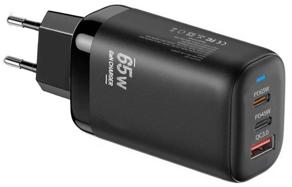 65W USB-C GaN Snellader - Dual USB-C + USB-A Adapter voor Laptop, Tablet & Smartphone - PD Oplader voor telefoon, tablet, camera etc. - Universeel - zwart