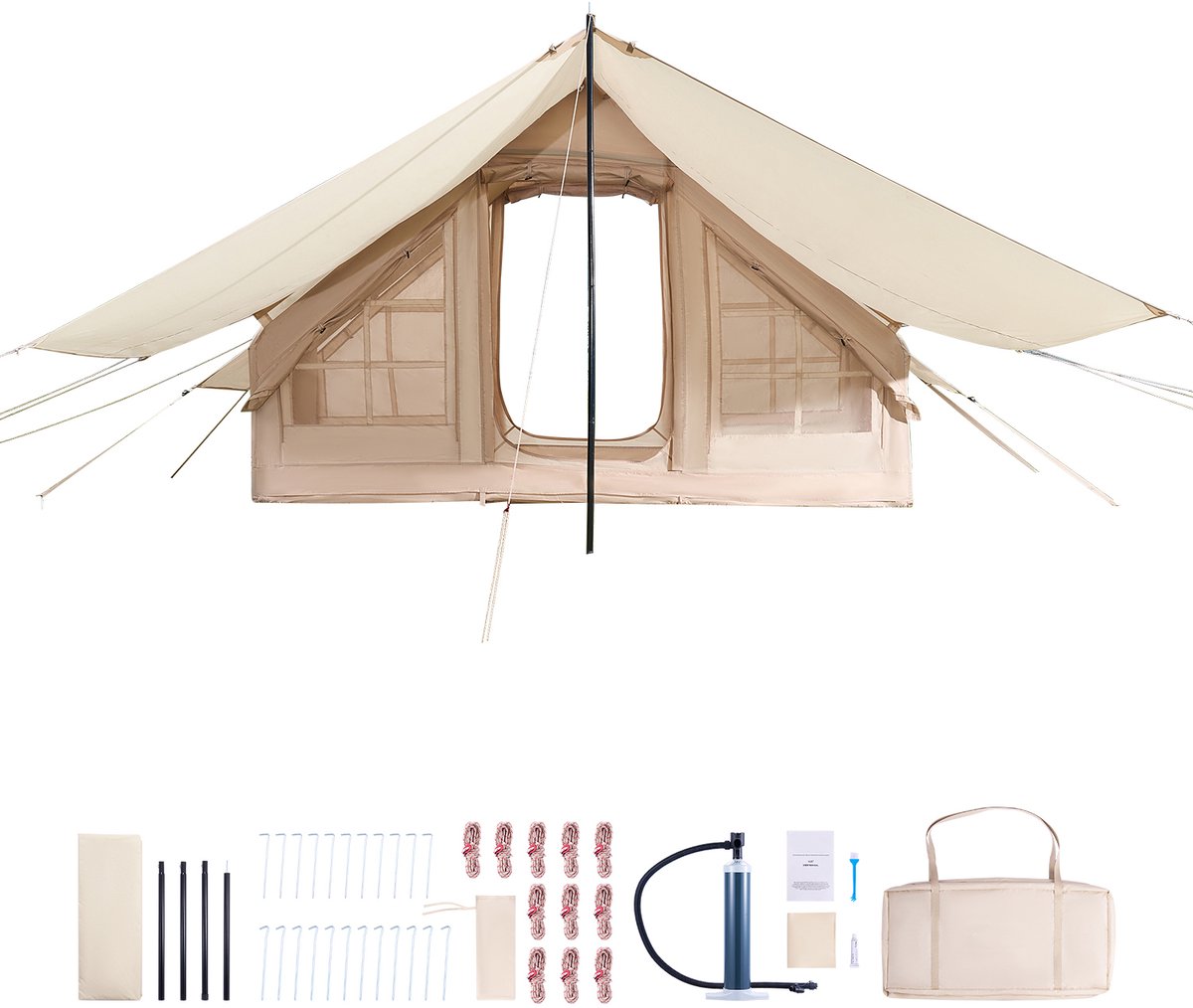 Opblaasbare Kampeertent 3x2x2 M, Geschikt voor 3-5 Personen, 300d Oxford Stof voor Alle Seizoenen, Glamping Tent met Luifel, Handpomp, Ovenopening, 2 Deuren & 2 Gaasramen