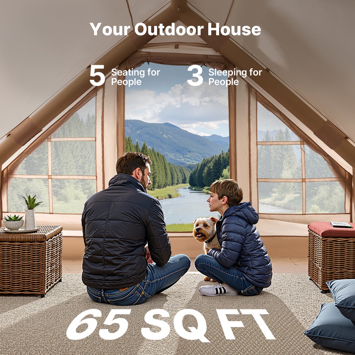 Opblaasbare Kampeertent 3x2x2 M, Geschikt voor 3-5 Personen, 300d Oxford Stof voor Alle Seizoenen, Glamping Tent met Luifel, Handpomp, Ovenopening, 2 Deuren & 2 Gaasramen – foto 5